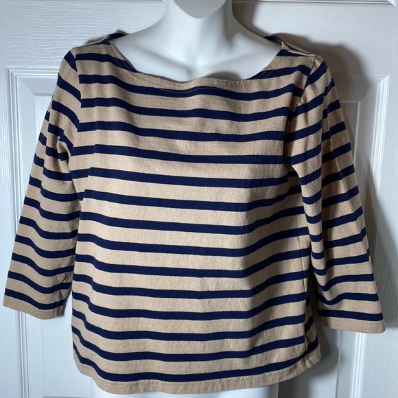 J. Crew Women’s Tan Navy Striped 3/4 Sleeve Boat Neck Cotton Shirt Size Small - Picture 1 of 6
